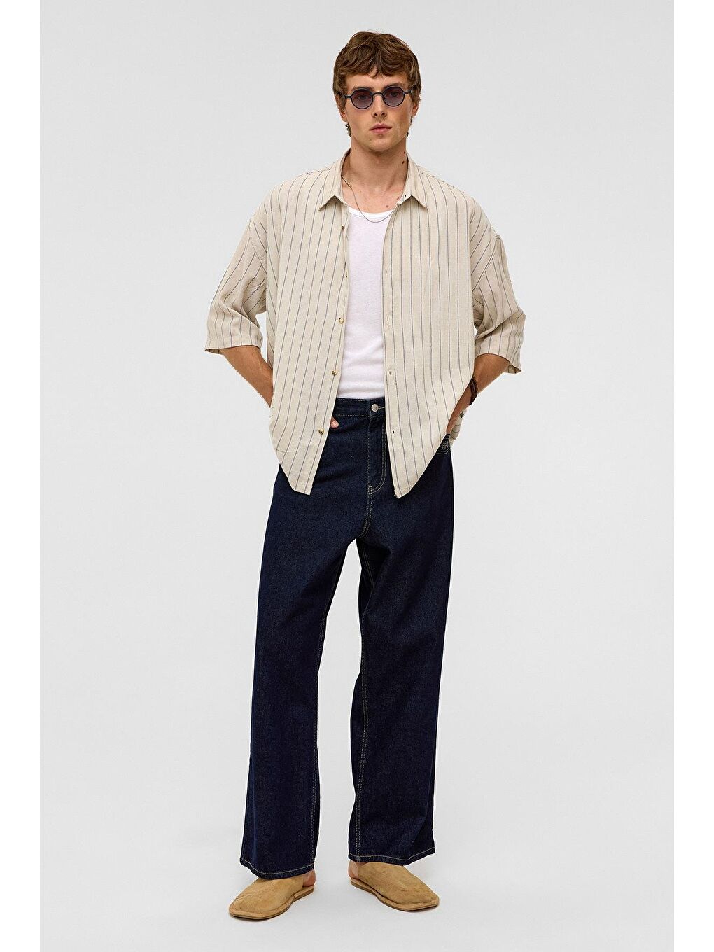 Oversize Çizgili Kısa Kollu Keten Gömlek İndigo-1