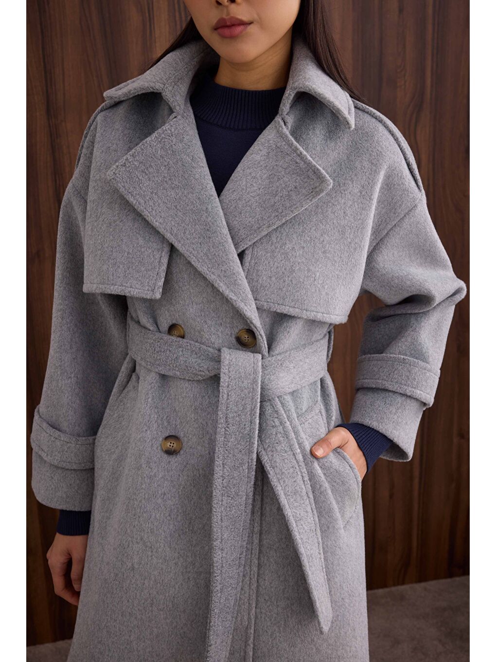 Rüzgarlıklı Uzun Kaban Gri Melanj-2