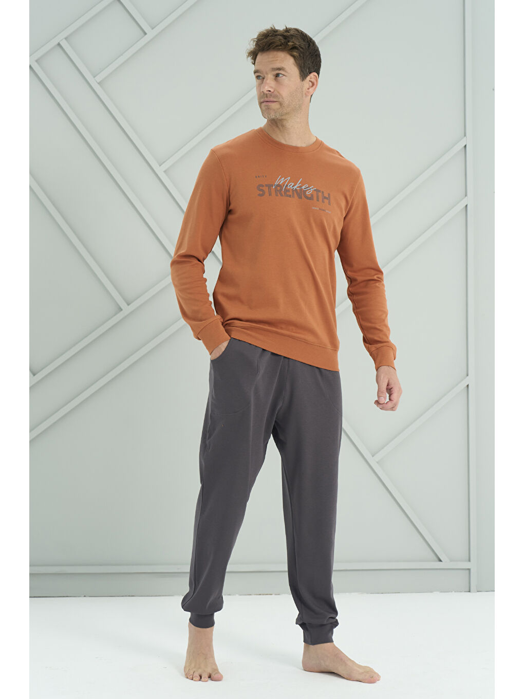 Kahverengi Erkek Interlok Penye Uzun Kol Pijama Takımı 2220 Kiremit-2