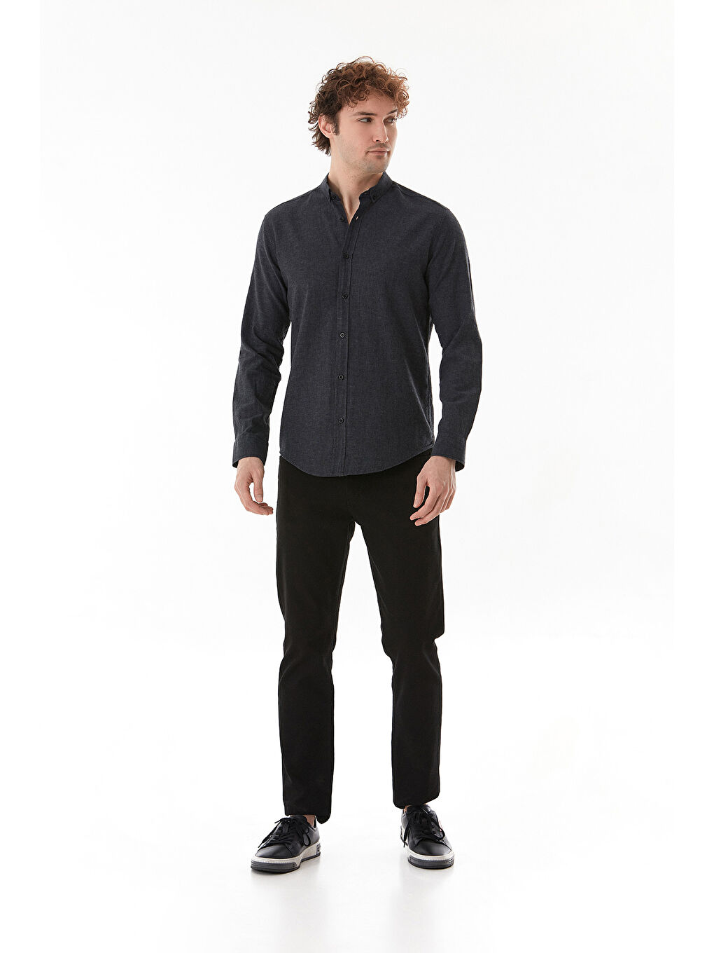 Siyah Basic Düğmeli Keten Gömlek-1