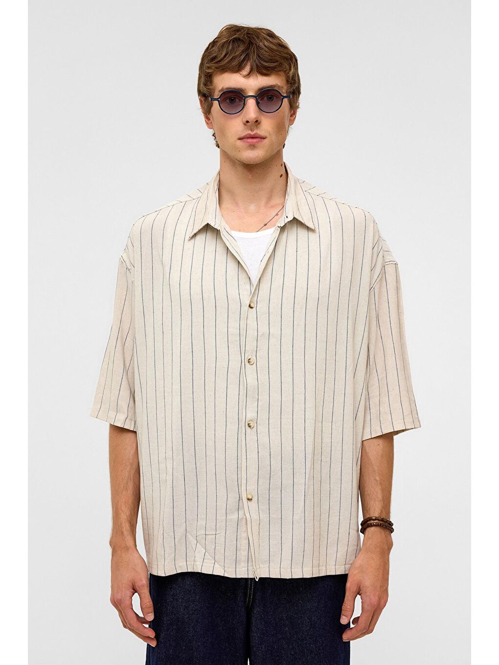 Oversize Çizgili Kısa Kollu Keten Gömlek İndigo-2