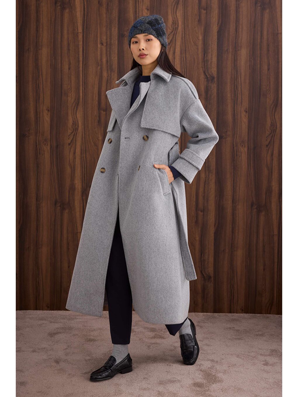 Rüzgarlıklı Uzun Kaban Gri Melanj-3