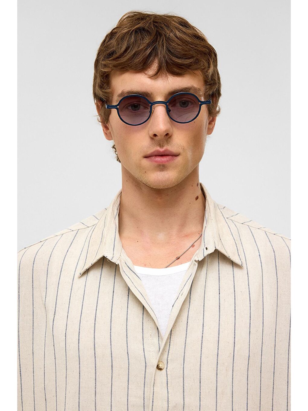 Oversize Çizgili Kısa Kollu Keten Gömlek İndigo-3