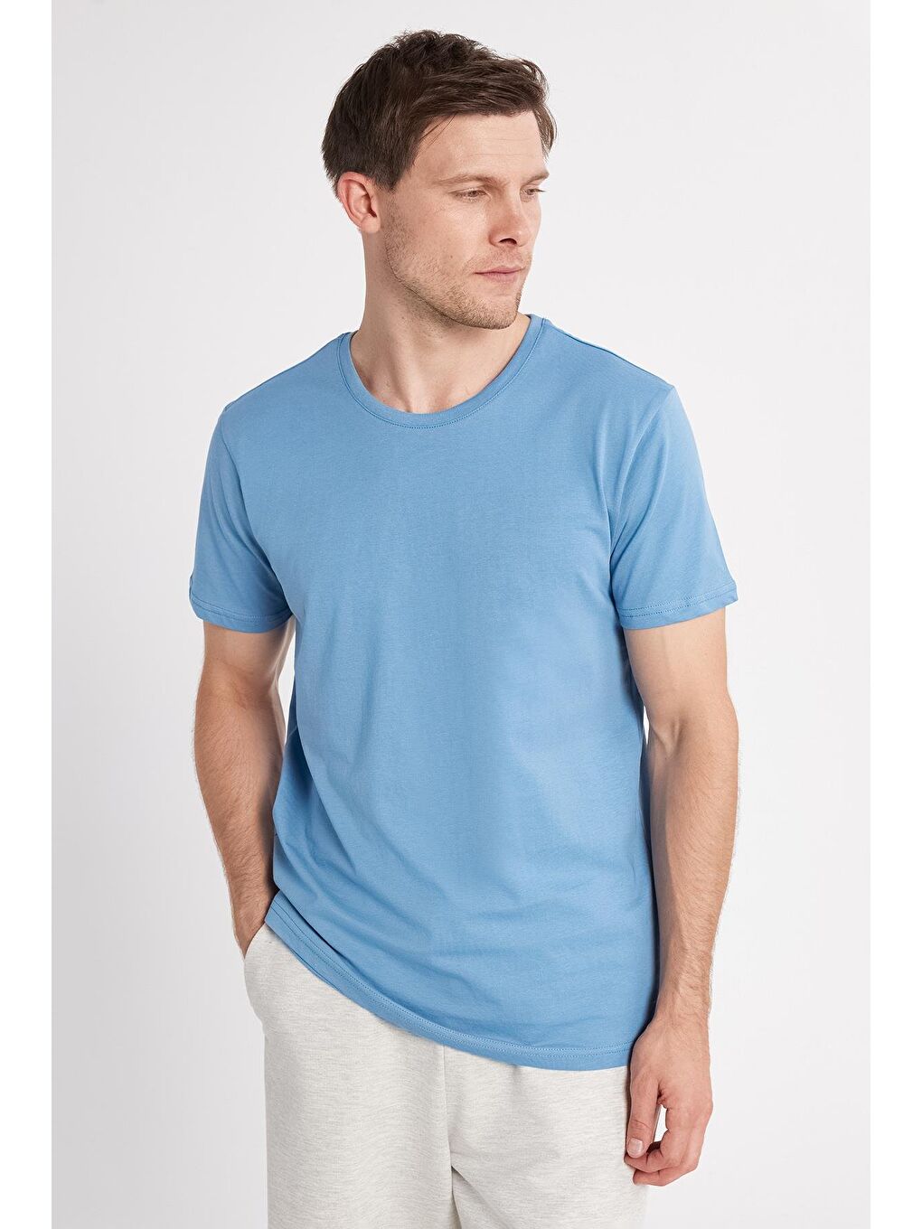 Unisex Slim Fit Dar Kesim %100 Pamuk Yumuşak Dokulu Mavi Bisiklet Yaka Tişört