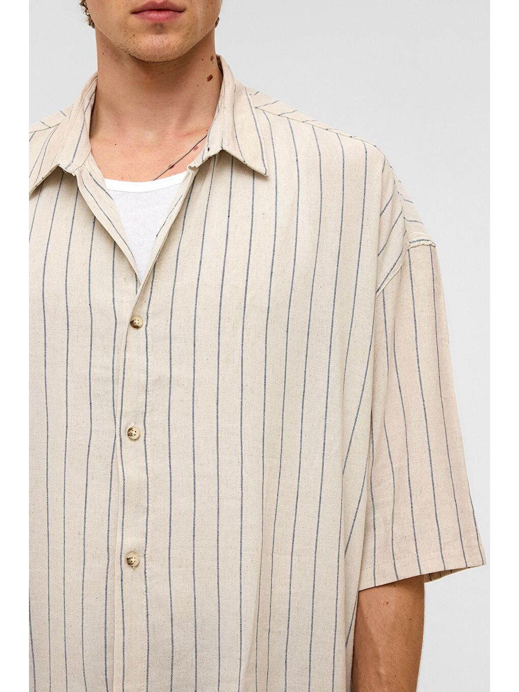 Oversize Çizgili Kısa Kollu Keten Gömlek İndigo-4