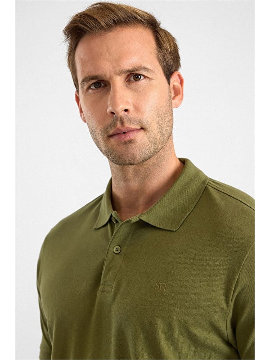 Haki Slim Düz Nakışlı Pike Düğmeli Polo Yaka Tişört-1