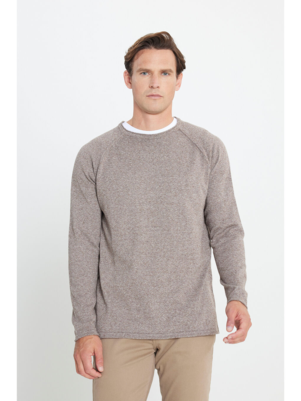 Kahverengi Erkek Kahve-Ekru Recycle Standart Fit Normal Kesim Bisiklet Yaka Pamuklu Muline Desenli Triko Kazak-2