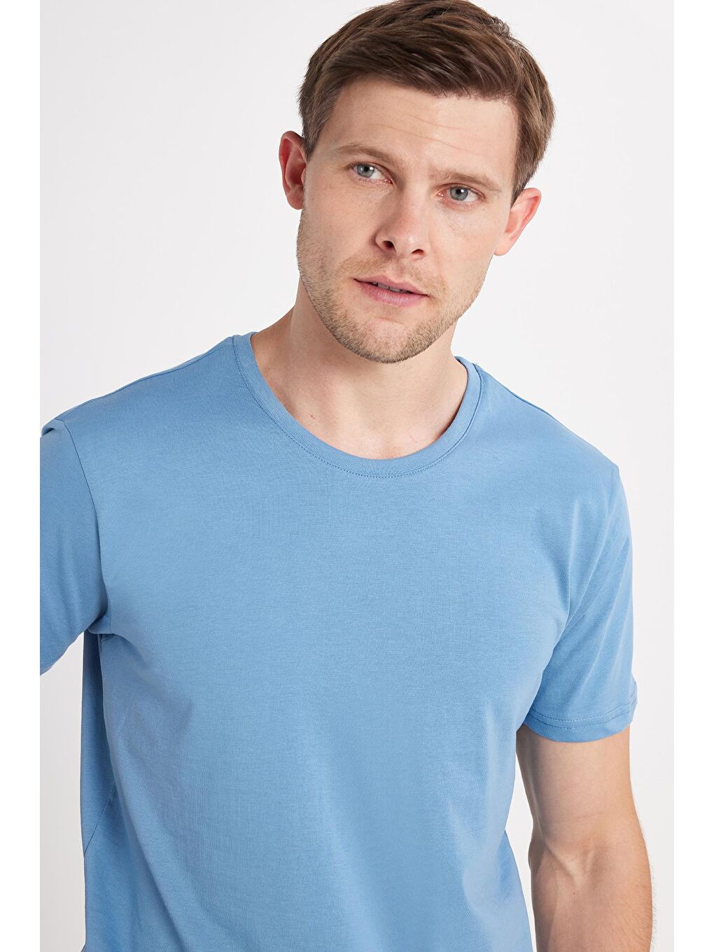 Unisex Slim Fit Dar Kesim %100 Pamuk Yumuşak Dokulu Mavi Bisiklet Yaka Tişört-1