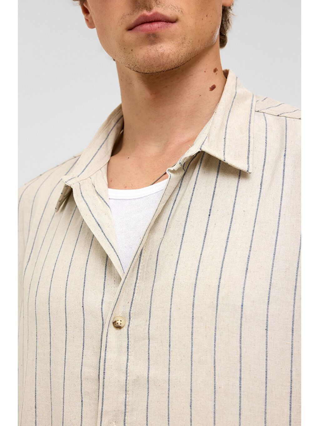 Oversize Çizgili Kısa Kollu Keten Gömlek İndigo-5