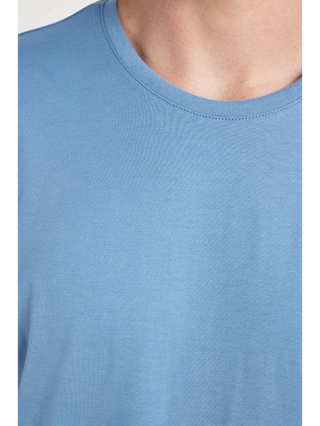 Unisex Slim Fit Dar Kesim %100 Pamuk Yumuşak Dokulu Mavi Bisiklet Yaka Tişört-2