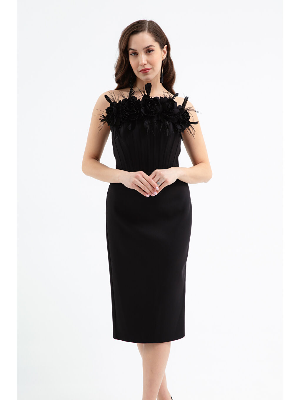 Kadın Siyah Balen Korseli Çiçekli Söz Nişan Nikah Abiye Elbise-1