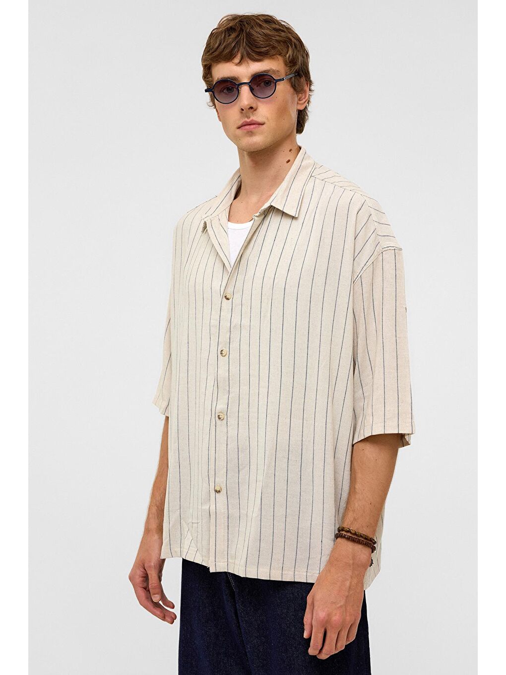 Oversize Çizgili Kısa Kollu Keten Gömlek İndigo-6