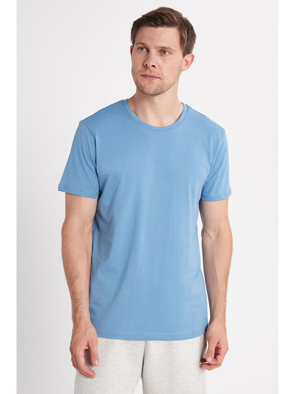 Unisex Slim Fit Dar Kesim %100 Pamuk Yumuşak Dokulu Mavi Bisiklet Yaka Tişört-3