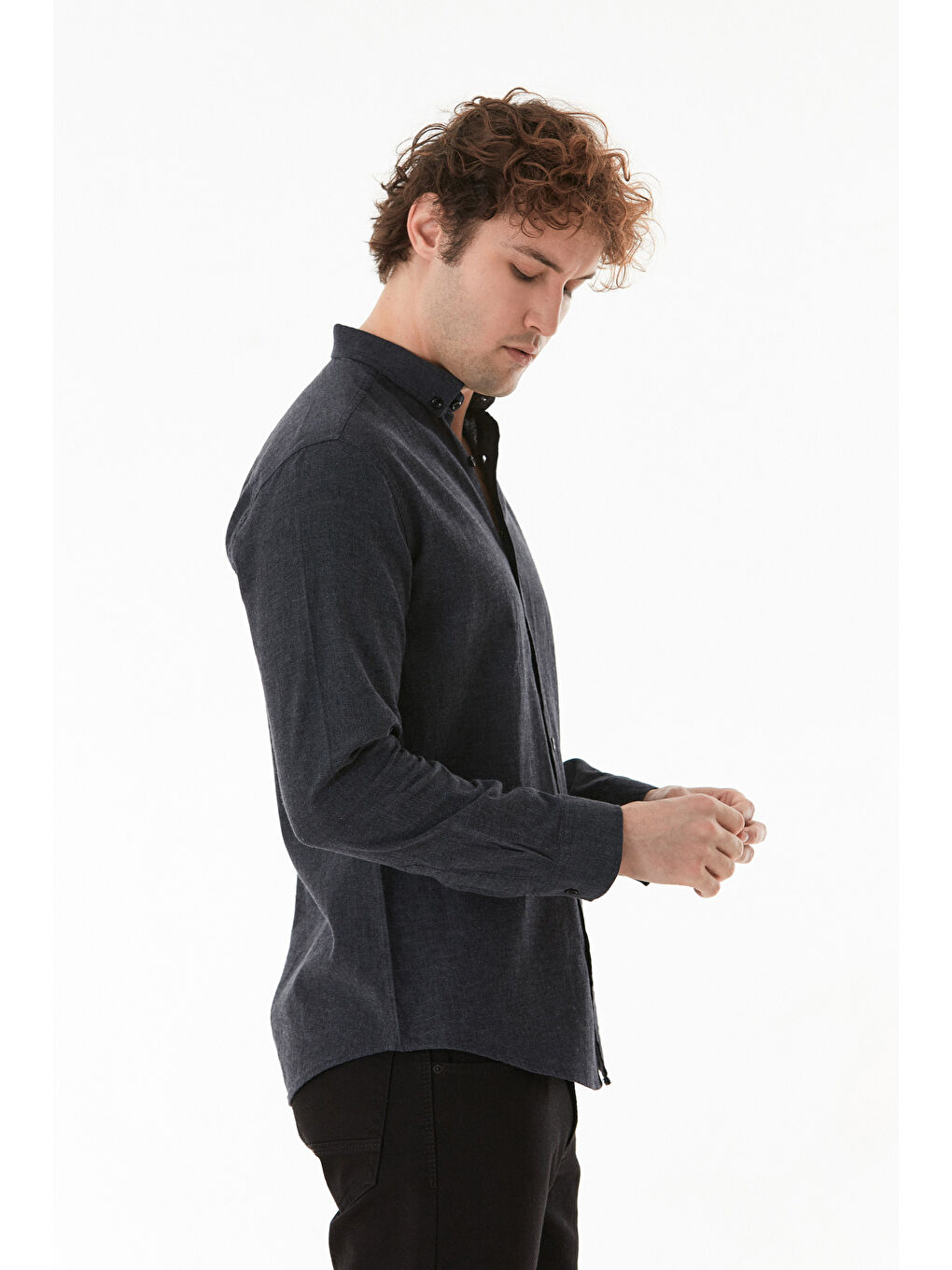 Siyah Basic Düğmeli Keten Gömlek-2