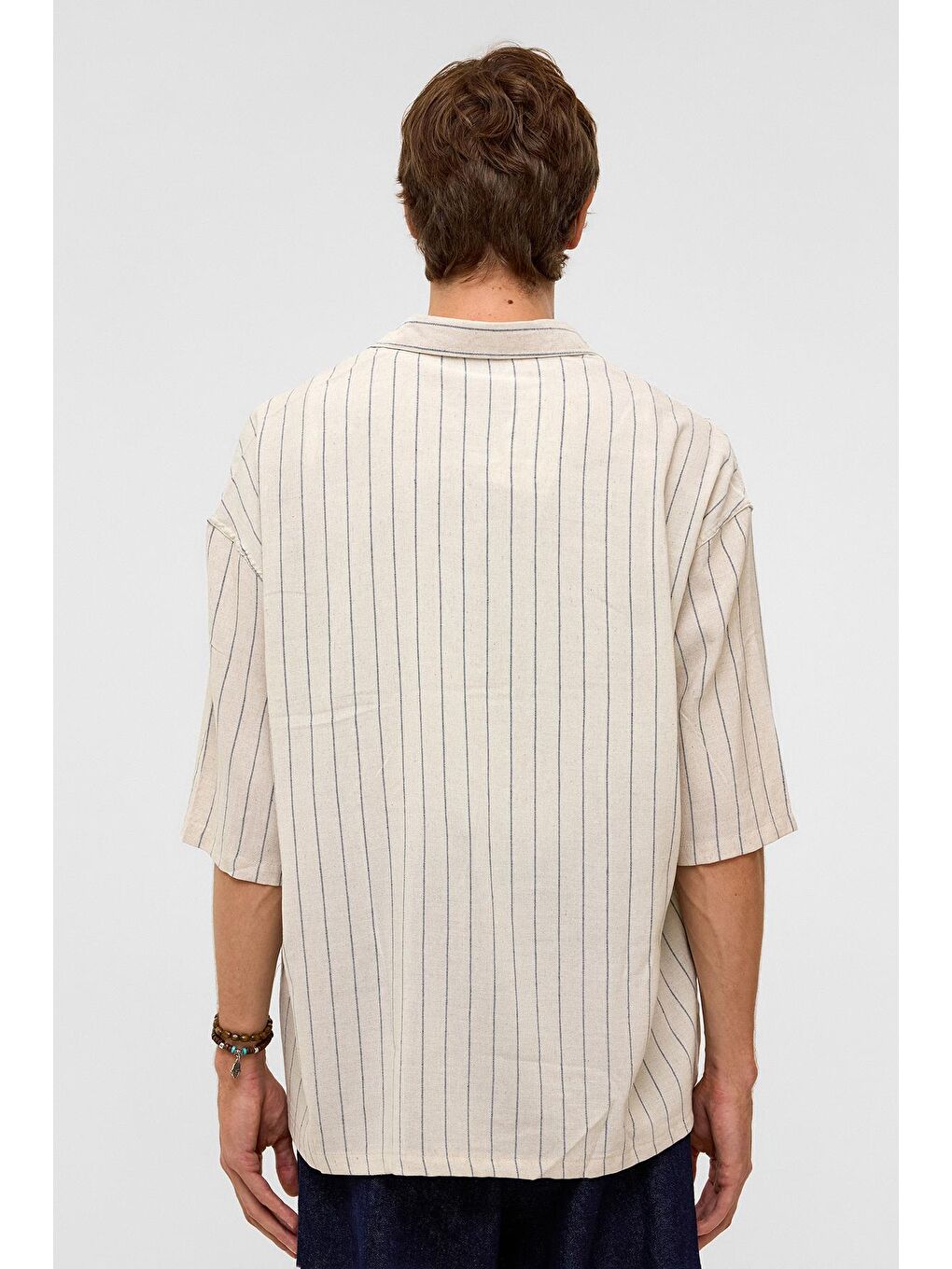 Oversize Çizgili Kısa Kollu Keten Gömlek İndigo-7