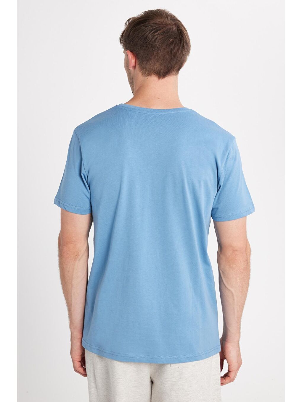 Unisex Slim Fit Dar Kesim %100 Pamuk Yumuşak Dokulu Mavi Bisiklet Yaka Tişört-4