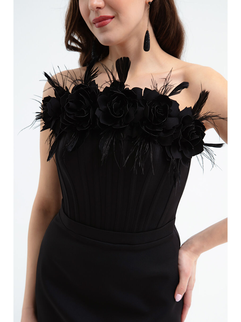 Kadın Siyah Balen Korseli Çiçekli Söz Nişan Nikah Abiye Elbise-3