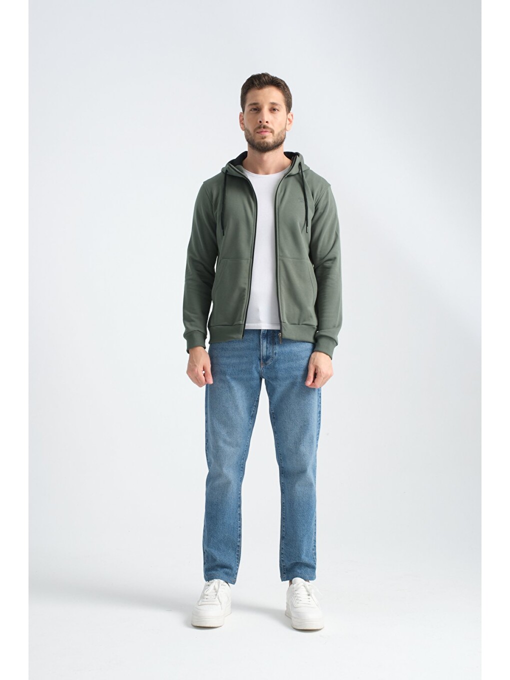 Haki Erkek Üç İplik Şardonsuz Fermuarlı Kapüşonlu Sweatshirt-1