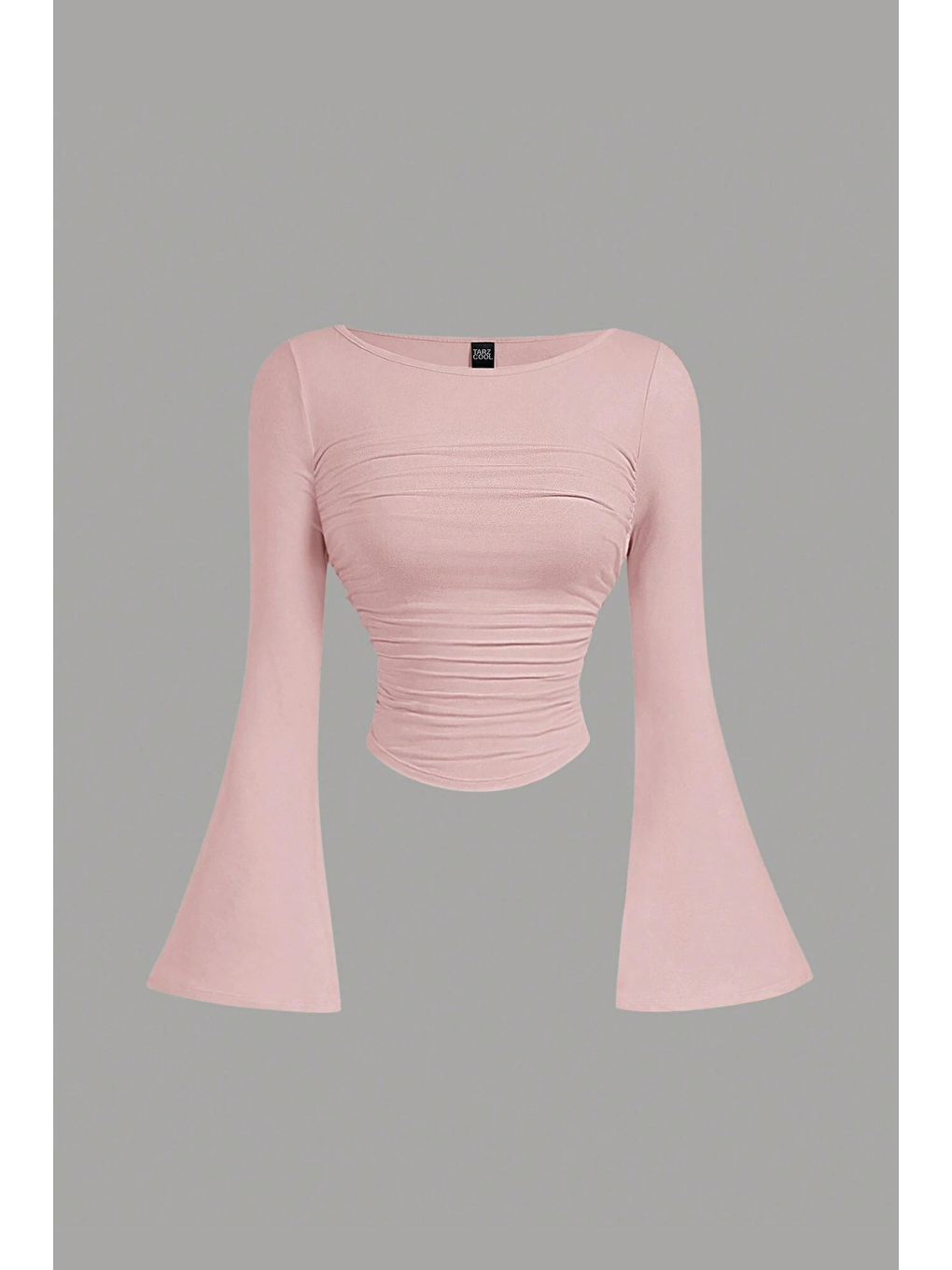 Kadın Pembe Elastanlı Drapeli Uzun İspanyol Kollu Crop Bluz