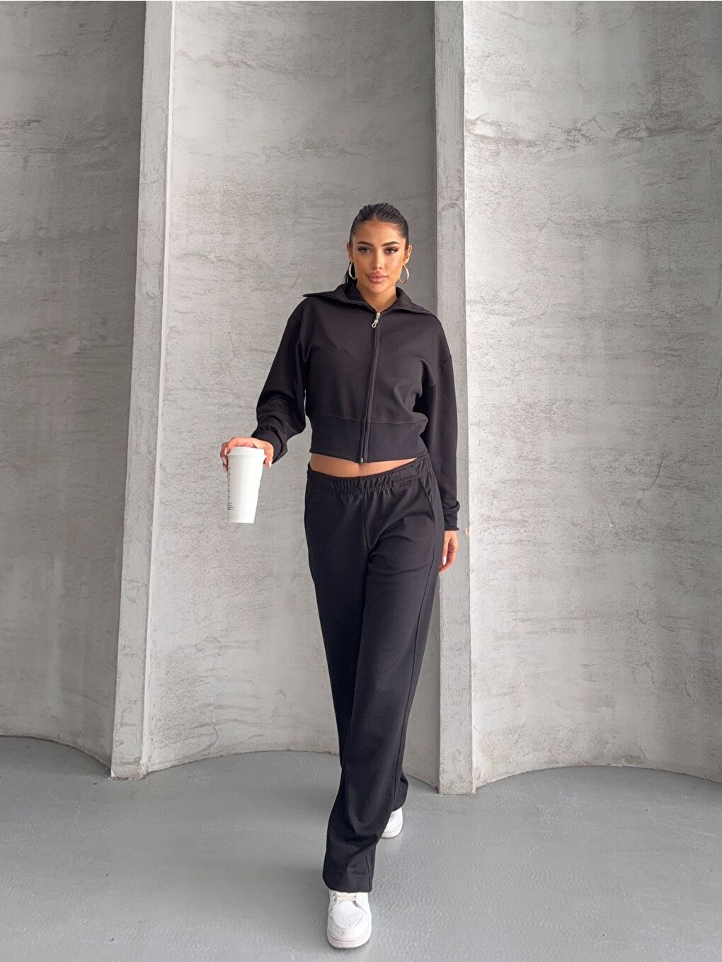 Modal Kumaş Crop Üst Eşofman Takım Siyah-2