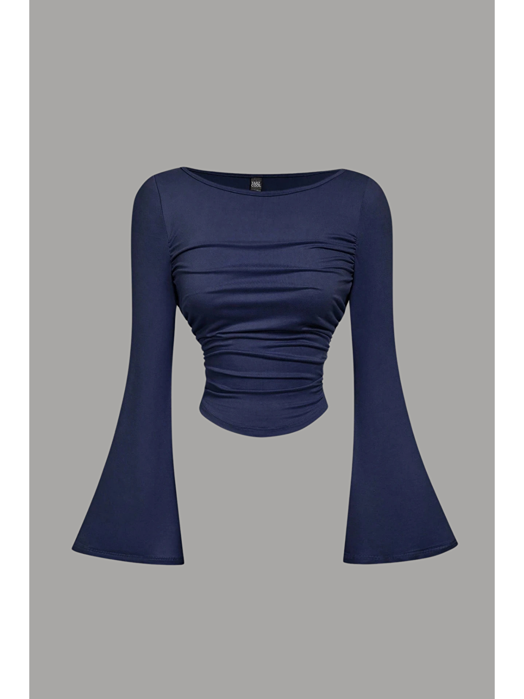 Kadın Lacivert Elastanlı Drapeli Uzun İspanyol Kollu Crop Bluz