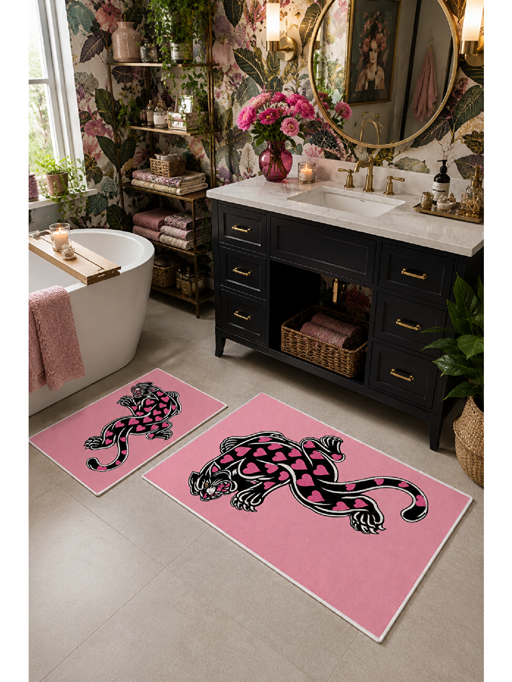 Pembe Leopar Desenli Kaymaz Taban Banyo Paspası 2’li Set-6