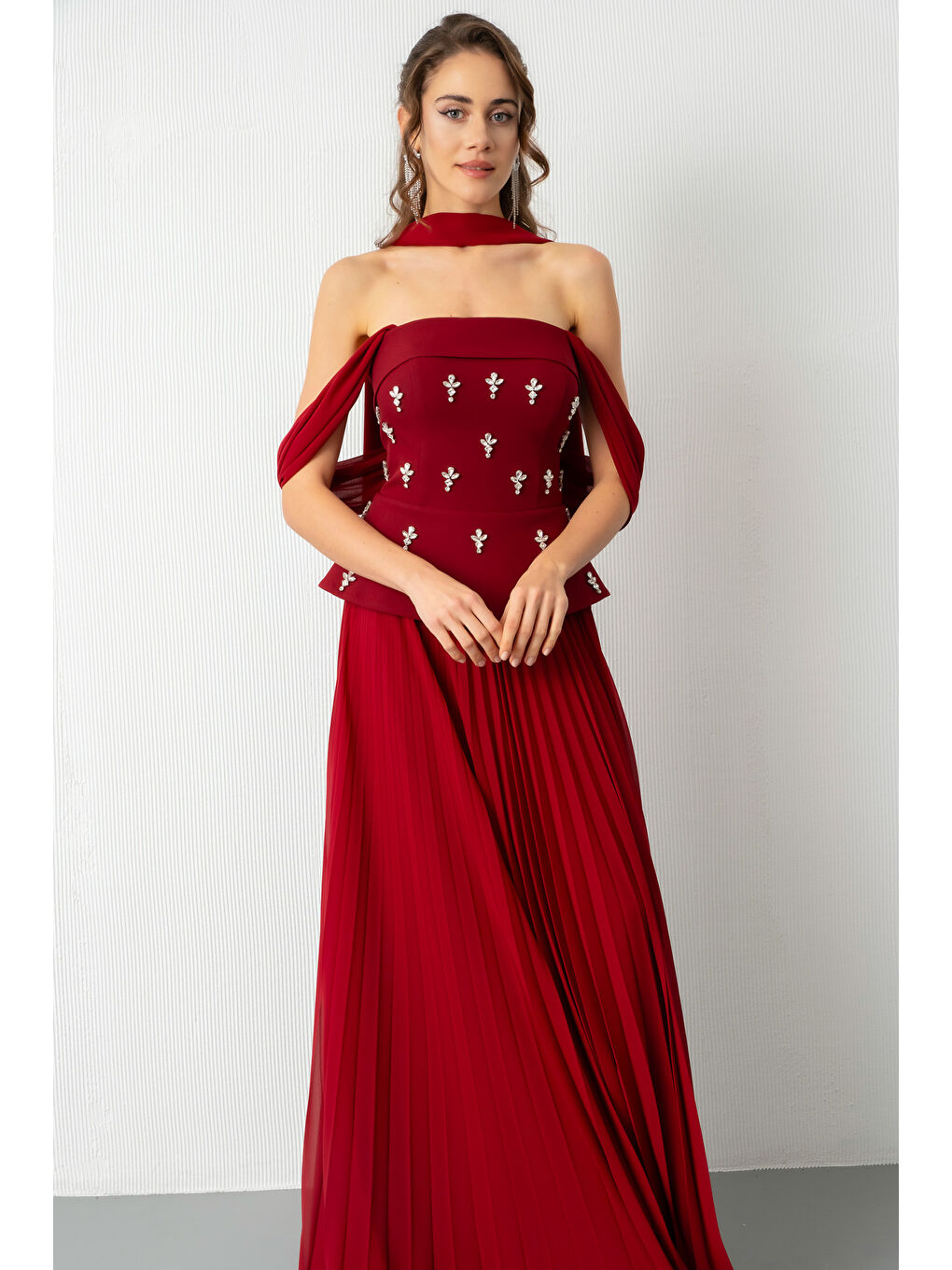 Kadın Bordo Straplez Yaka Taşlı Uzun Söz Nişan Nikah Abiye Elbise-2