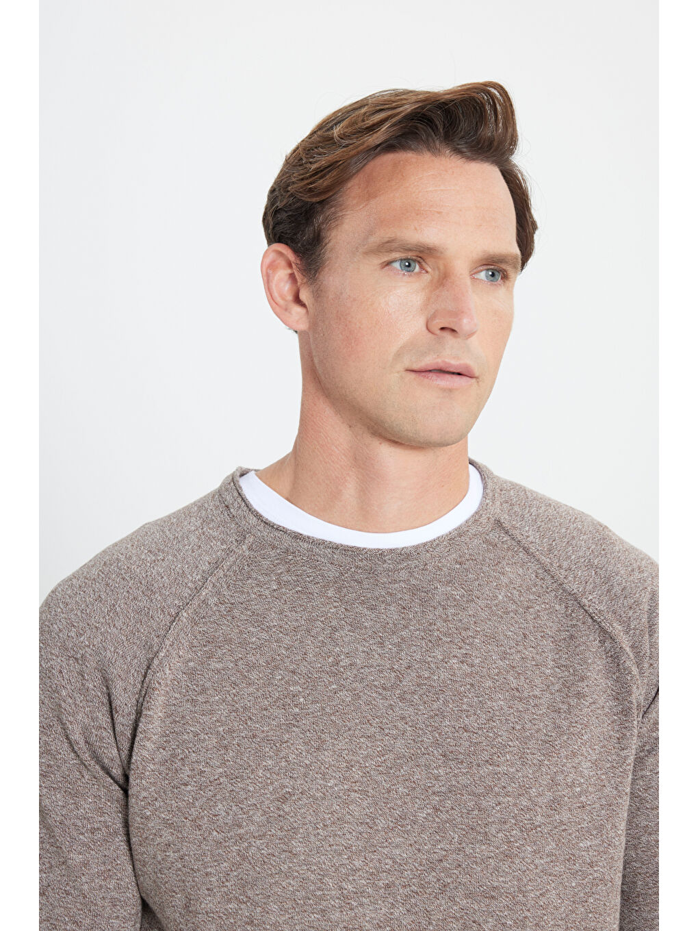 Kahverengi Erkek Kahve-Ekru Recycle Standart Fit Normal Kesim Bisiklet Yaka Pamuklu Muline Desenli Triko Kazak-3