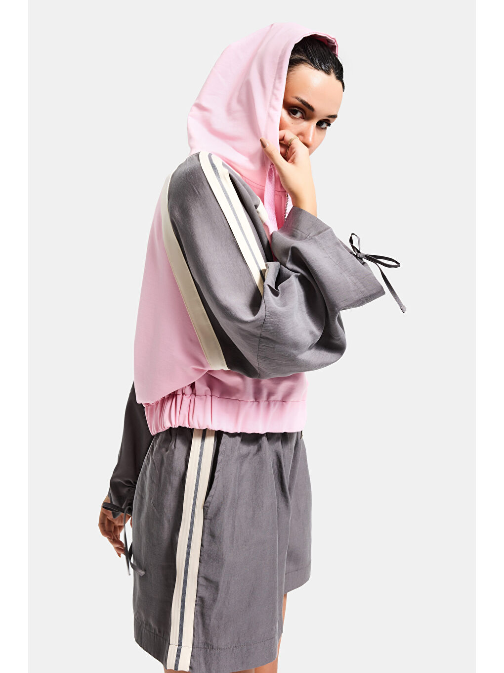 Kadın Gri Pembe s6-98 Oversize Şerit Detaylı Kapüşonlu Özel Tasarım Fermuarlı Sweatshirt-4