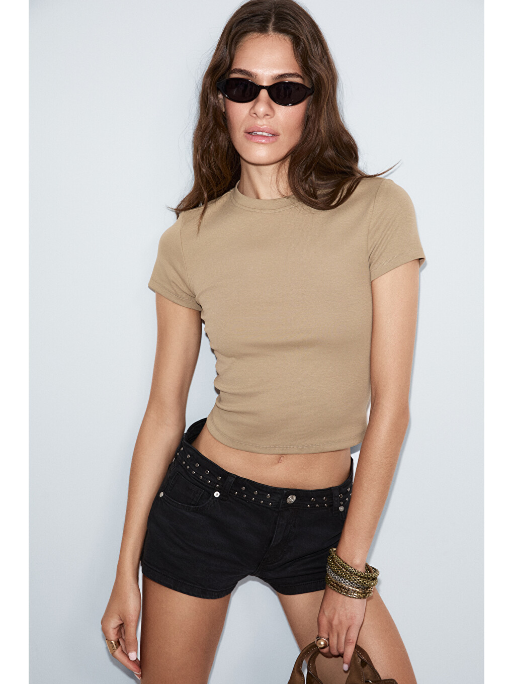 Bej Zolen Kadın Yumuşak Ve Esnek Kumaşlı Organik Pamuklu Kısa Kollu Crop Vizon T-shirt-1