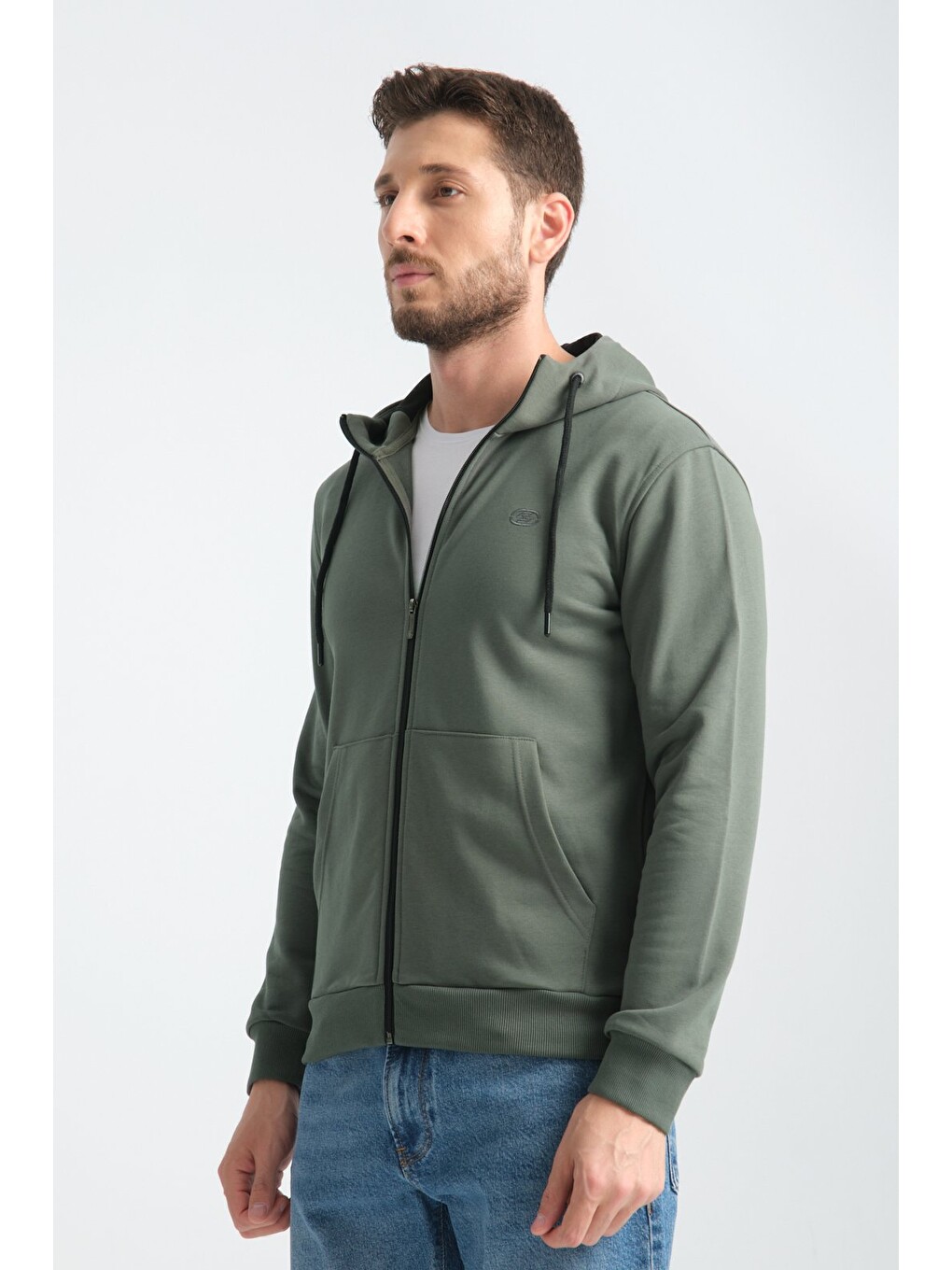 Haki Erkek Üç İplik Şardonsuz Fermuarlı Kapüşonlu Sweatshirt-2
