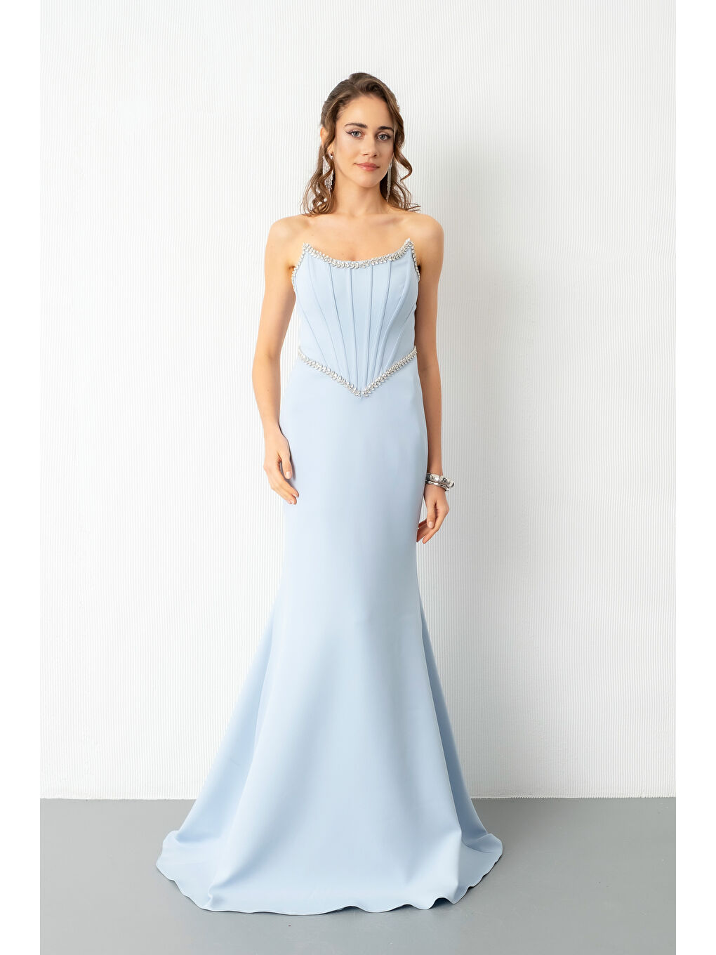 Kadın Bebe Mavi Straplez Taşlı Peplum Kesim Söz Nişan Nikah Abiye Elbise-1