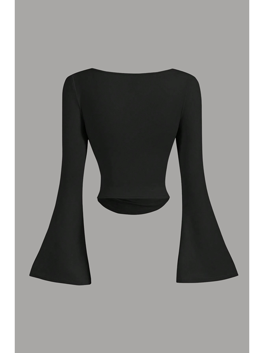 Kadın Siyah Elastanlı Drapeli Uzun İspanyol Kollu Crop Bluz-1