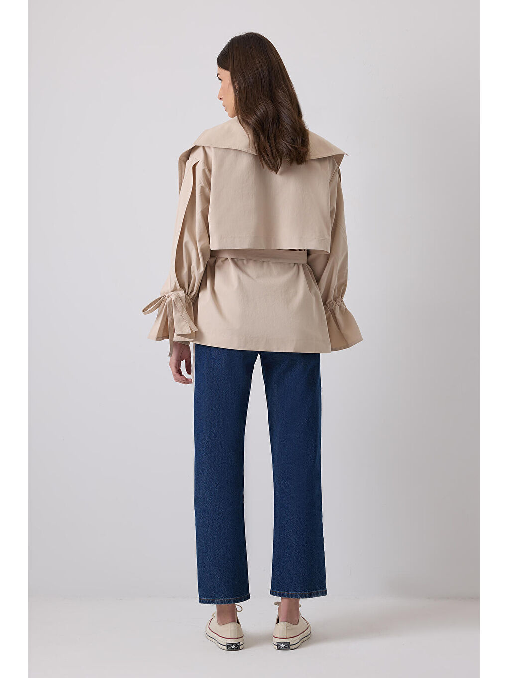 Bej Kuşaklı Kısa Trençkot-4