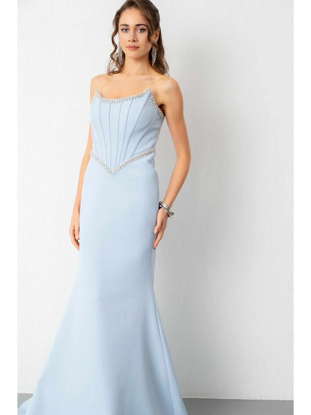 Kadın Bebe Mavi Straplez Taşlı Peplum Kesim Söz Nişan Nikah Abiye Elbise-2