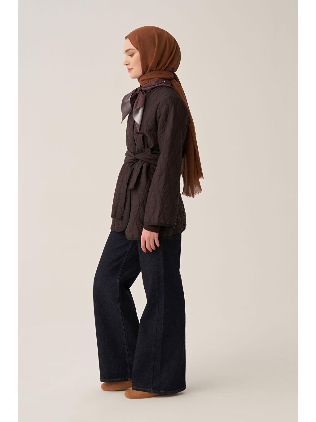 Kahverengi Acı Kahve-İnce Kapitone Kruvaze Kuşaklı Ceket-3