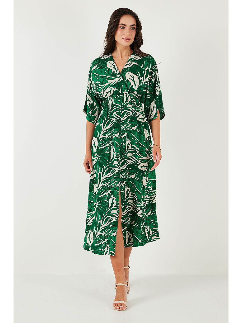 Yeşil Regular Fit V Yaka Desenli Midi Boy Kadın Elbise 67810573-4