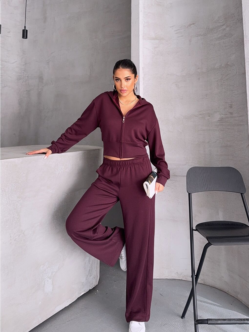 Modal Kumaş Crop Üst Eşofman Takım Bordo