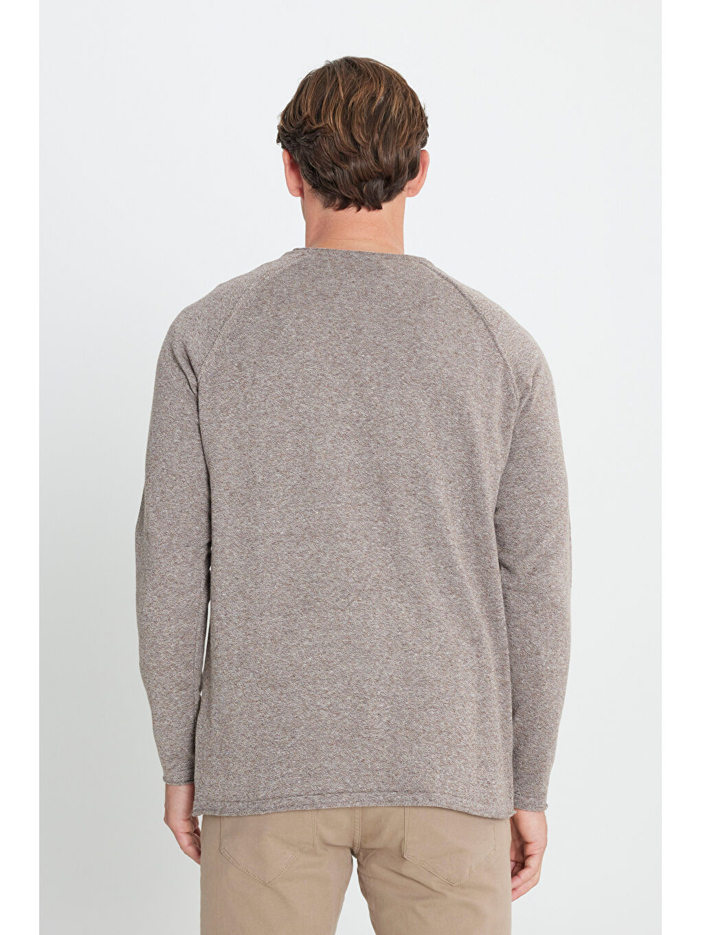 Kahverengi Erkek Kahve-Ekru Recycle Standart Fit Normal Kesim Bisiklet Yaka Pamuklu Muline Desenli Triko Kazak-4