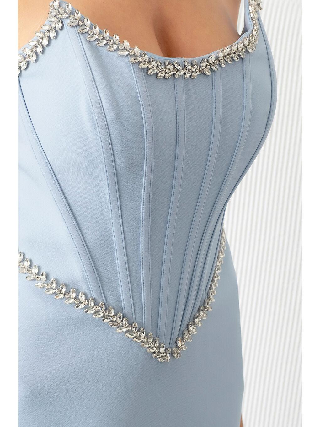 Kadın Bebe Mavi Straplez Taşlı Peplum Kesim Söz Nişan Nikah Abiye Elbise-3