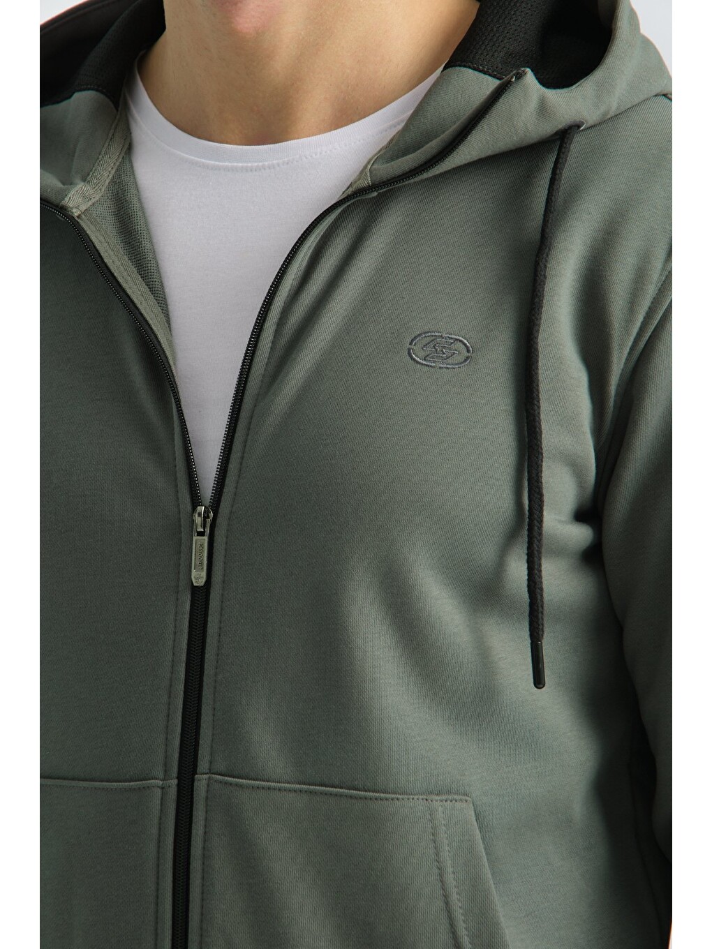 Haki Erkek Üç İplik Şardonsuz Fermuarlı Kapüşonlu Sweatshirt-3