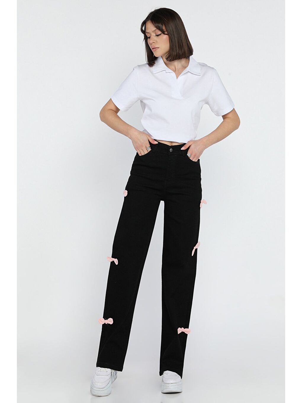 Siyah Fiyonk Detaylı Yüksek Bel Bol Paça Kadın Jean Pantolon