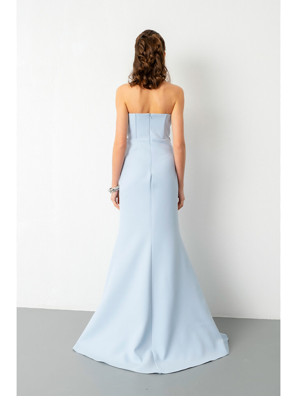 Kadın Bebe Mavi Straplez Taşlı Peplum Kesim Söz Nişan Nikah Abiye Elbise-5