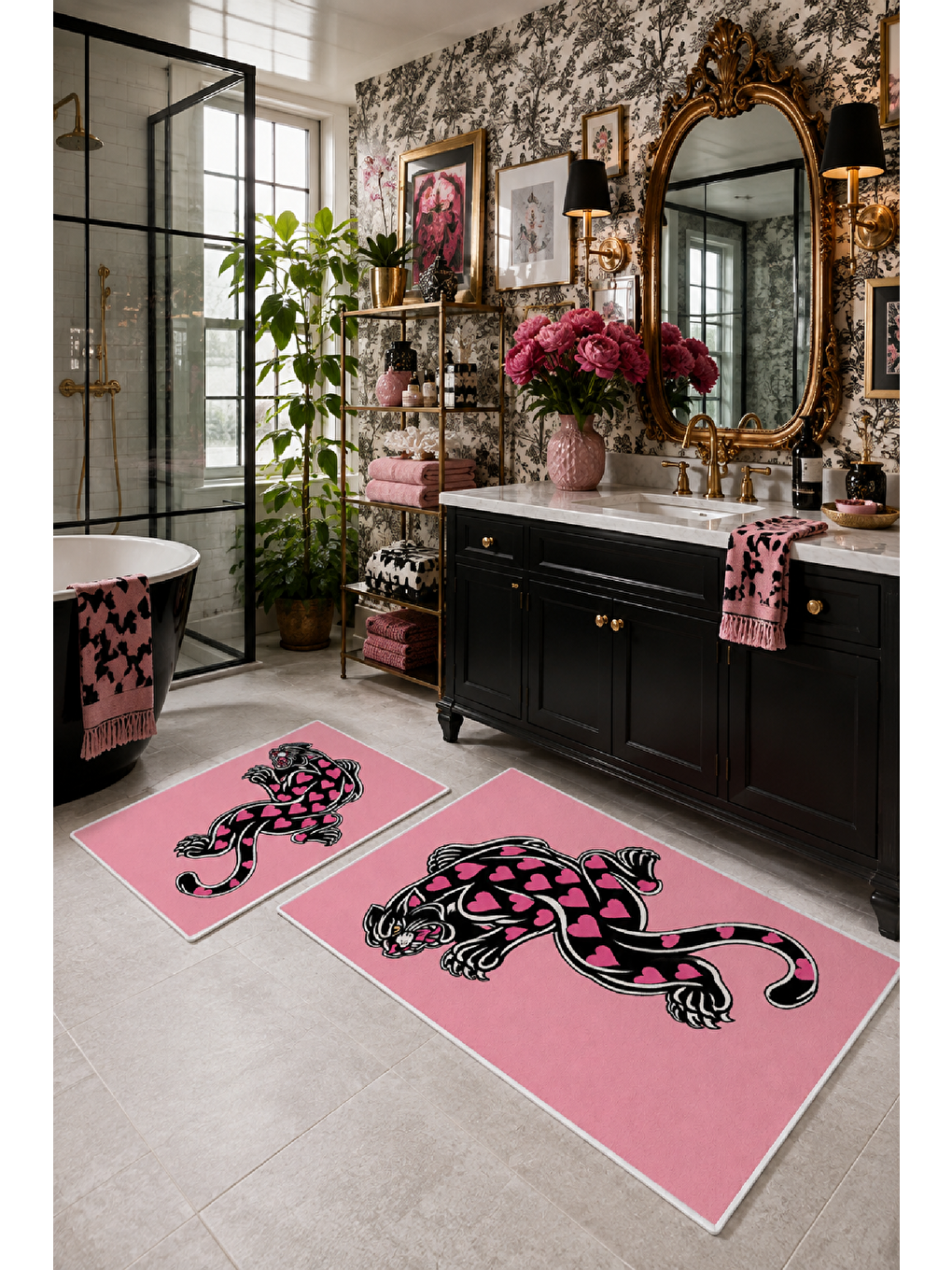 Pembe Leopar Desenli Kaymaz Taban Banyo Paspası 2’li Set-7