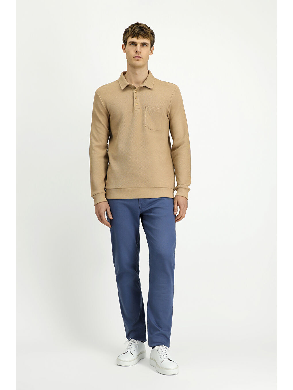 Bej Polo Yaka Regular Fit Desenli Cepli Pamuk Sweatshirt-1