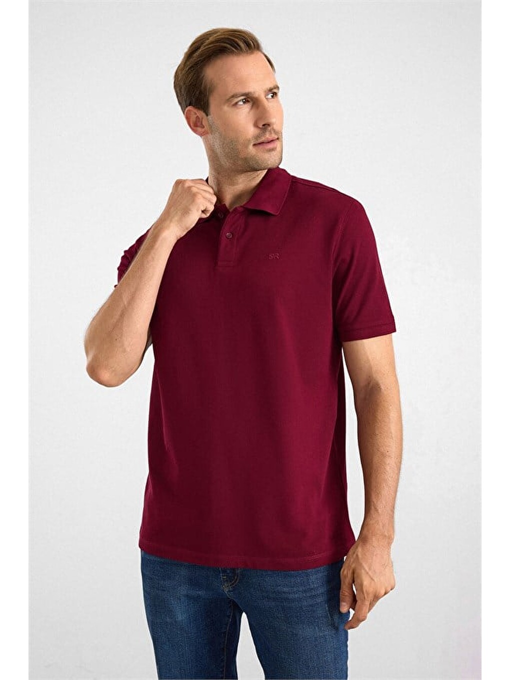 Koyu Bordo Regular Düz Nakışlı Pike Düğmeli Polo Yaka Tişört-2
