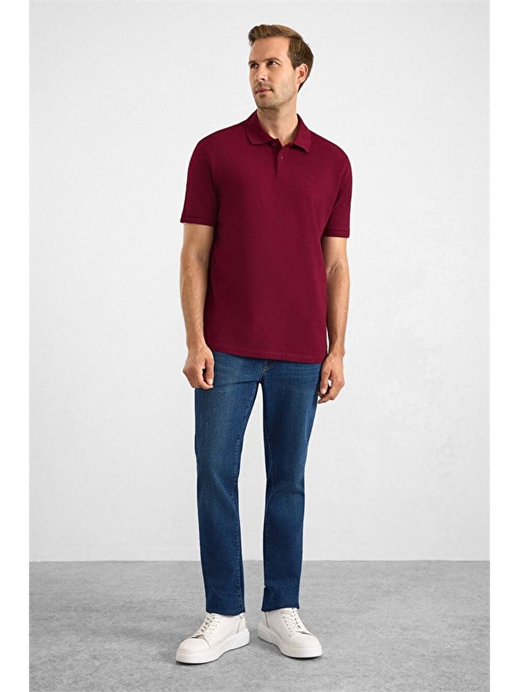 Koyu Bordo Regular Düz Nakışlı Pike Düğmeli Polo Yaka Tişört-3