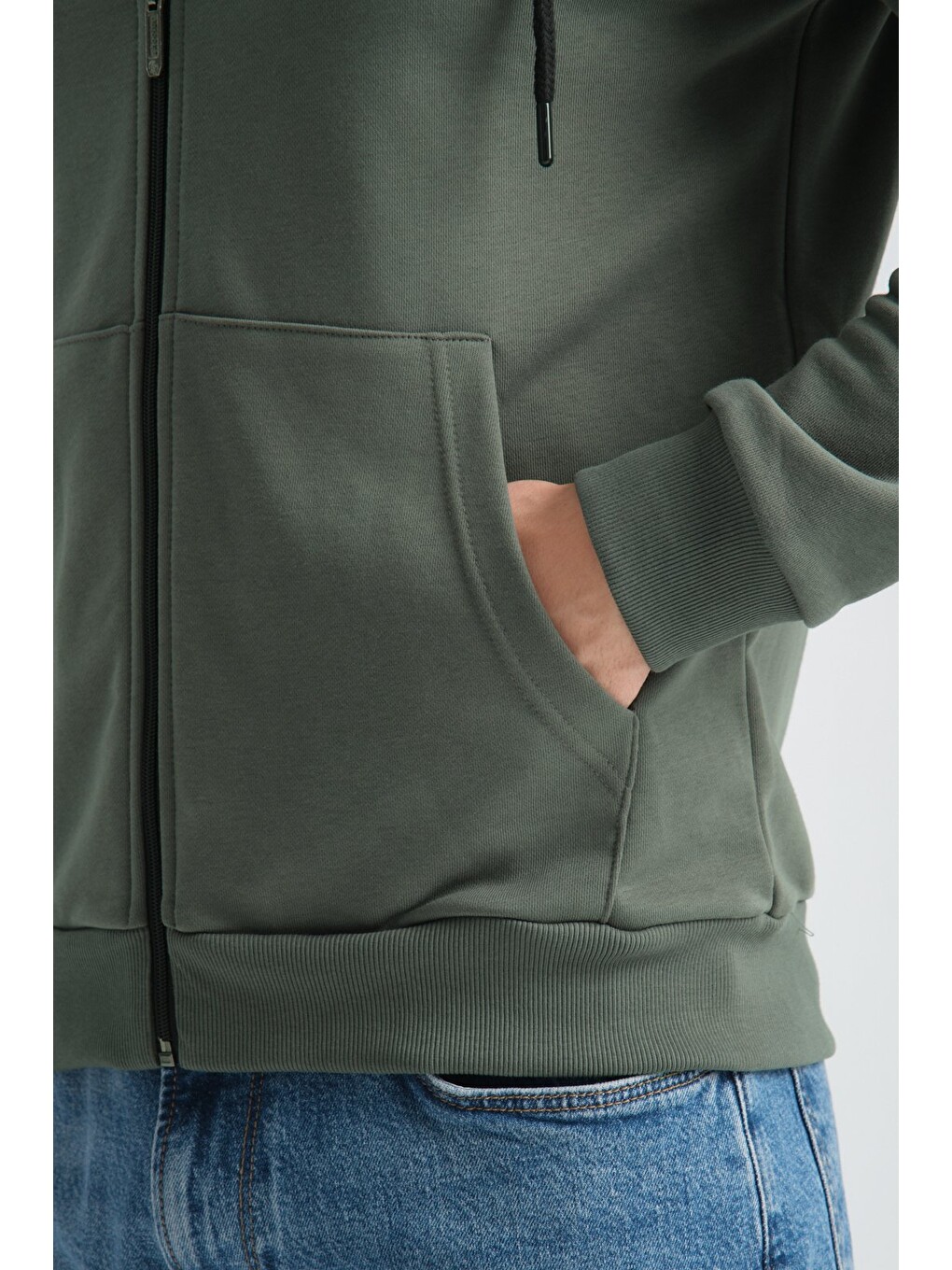 Haki Erkek Üç İplik Şardonsuz Fermuarlı Kapüşonlu Sweatshirt-4