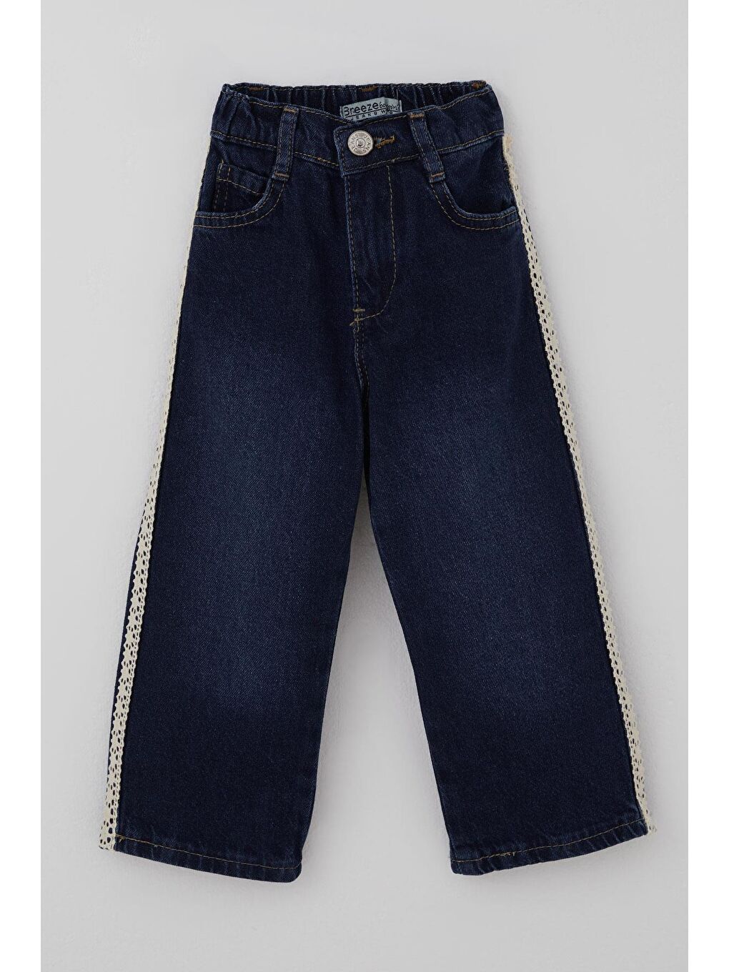 Kız Çocuk Jean Pantolon Yanları Şerit Güpür Detaylı Koyu Mavi (3-7 Yaş)