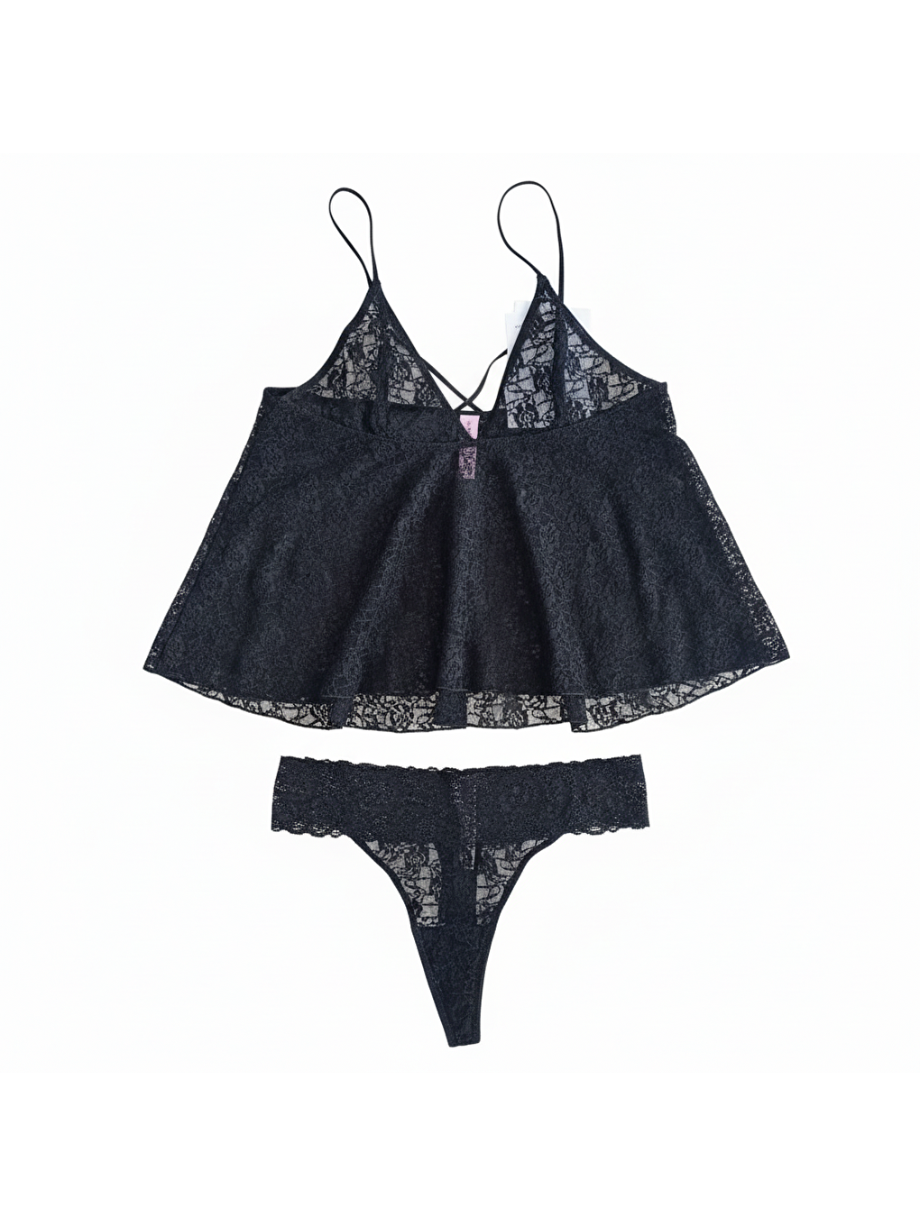 Kadın Çapraz Askı Detaylı Siyah Renk  Dantel Baybdoll String 2 Li Set Bb2054